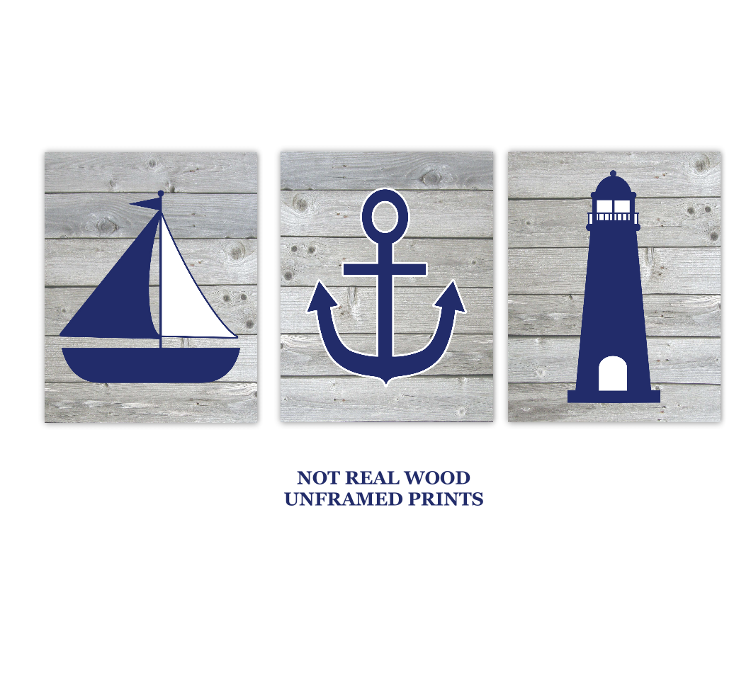 Nautical Wall Art Navy Blue Gray Sailboat Lighthouse Anchor Baby Boy Nursery Bath Prints Rustic Wood Set Of 3 Unframed Prints