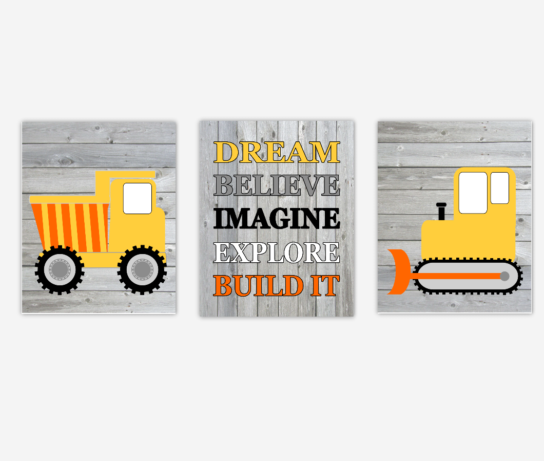 Construction Truck Baby Boy Nursery Wall Art Toddler Drema Believe Imagine Build It Baby Nursery Decor Playroom SET OF 3 UNFRAMED PRINTS