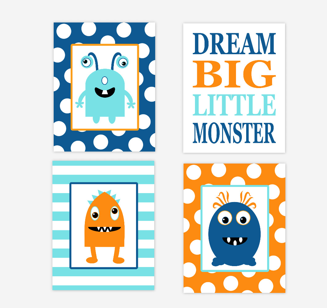 Baby Boy Nursery Art Monster Wall Prints Navy Blue Orange Teal Aqua Polka Dots Stripes Dream Big Little One Toddler Space Aliens Creatures