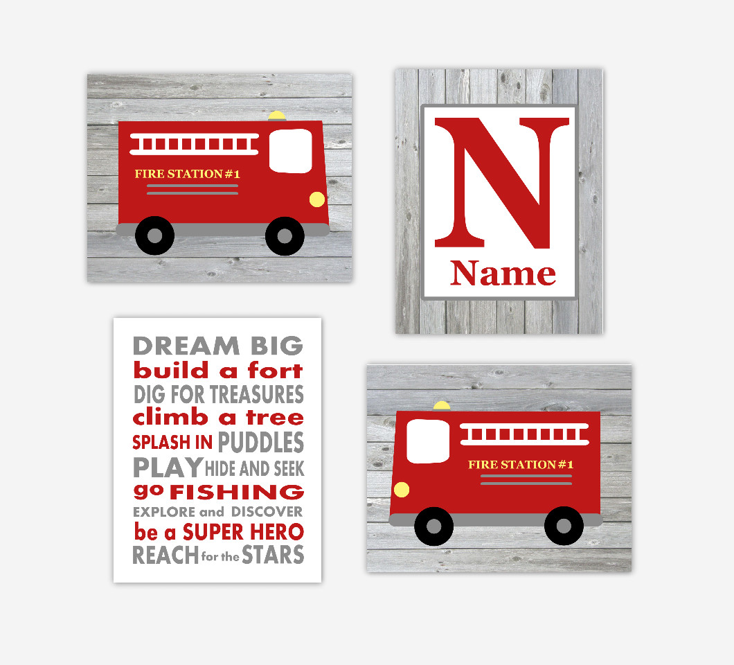 Fire Truck Baby Boy Nursery Art Personalized Name Print Dream Big Little One Baby Nursery Decor SET OF 4 UNFRAMED PRINTS