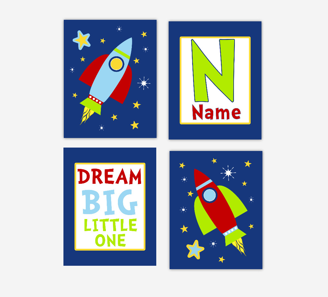 Baby Boy Nursery Wall Art Space Theme Rocket Ship Spaceship Personalized Name Dream Big Little One Baby Nursery Decor SET OF 4 UNFRAMED PRINTS