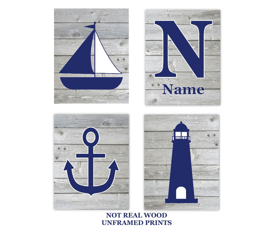 Nautical Baby Nursery Wall Art Sailboat Lighthouse Anchor Personalized Name Wood Rustic Baby Nursery Decor SET OF 4 UNFRAMED PRINTS