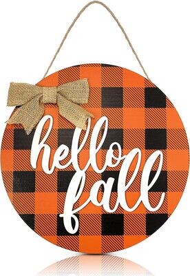 12 inch Wooden Buffalo Plaid Wreath Door Hanger - Hello Fall