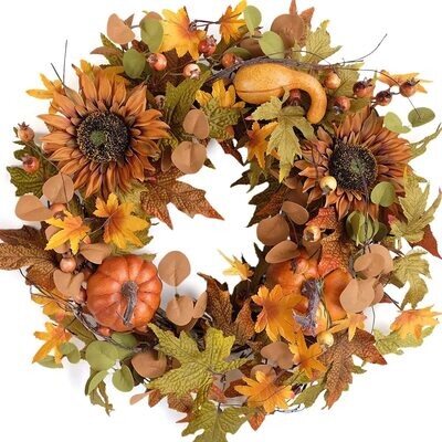 20" Sunflower Pumpkin Berry Maple Leaf Autumn Wreath for Fall