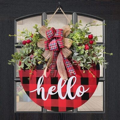 Christmas Buffalo Plaid Wreath - Hello
