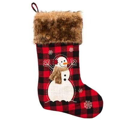 Red and Black Buffalo Plaid Christmas Stocking - Snowman