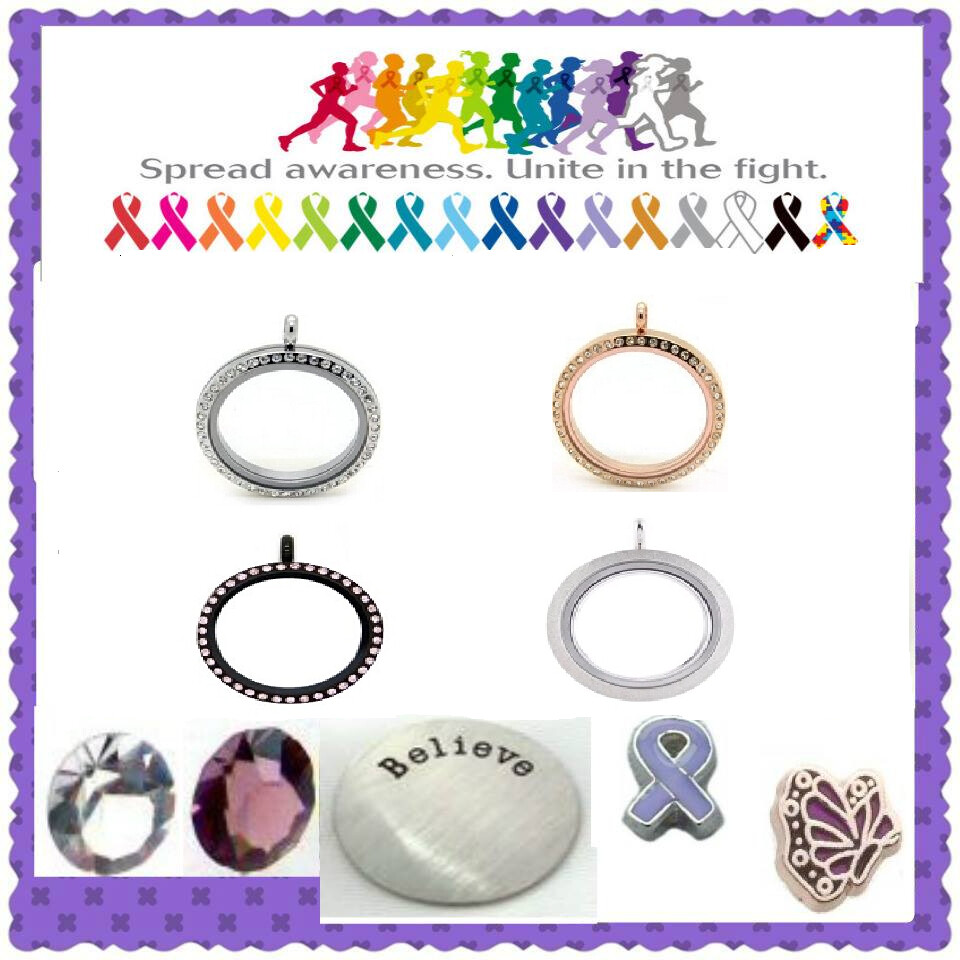 PRE-DESIGNED FLOATING LOCKET SET -  PURPLE RIBBON AWARENESS
