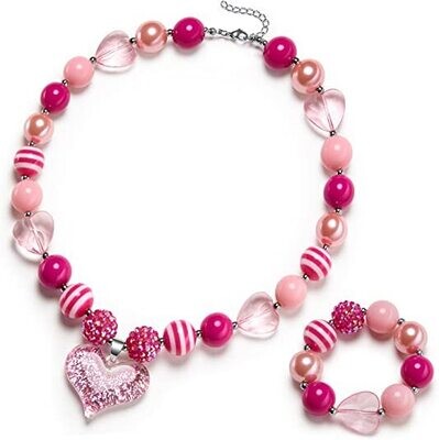 Kids Beaded Chunky Necklace and Bracelet Set - RASPBERRY HEART
