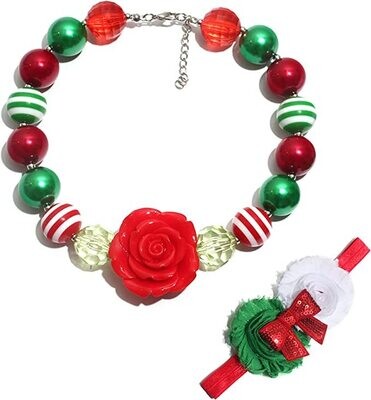 Kids Chunky Beaded Necklace and Headband Set - Red Rose