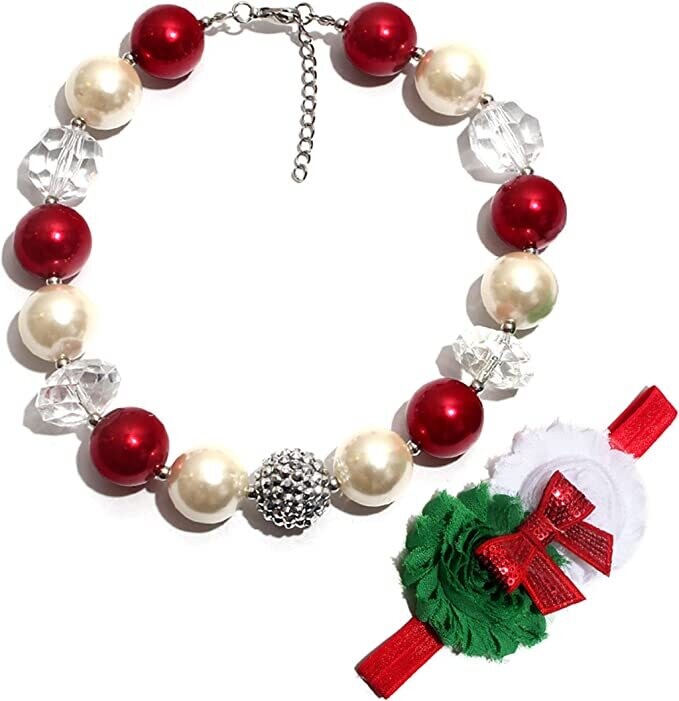 Kids Chunky Beaded Necklace and Headband Set - Red, White and Silver
