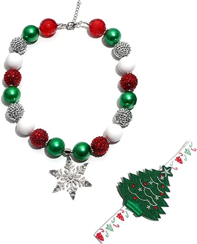 Kids Chunky Beaded Necklace and Headband Set - Red, Green and White Star