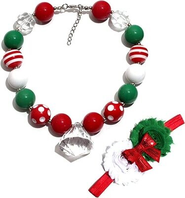 Kids Chunky Beaded Necklace and Headband Set - Red Stripes and Dots