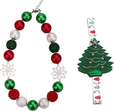 Kids Chunky Beaded Necklace and Headband Set - Red, Green and White Snowflake