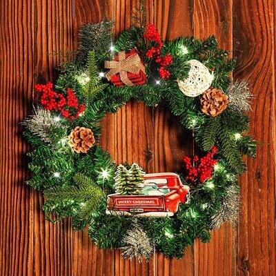 Christmas Pine 20  inch Wreath with Metal truck, florals and 30 lights!