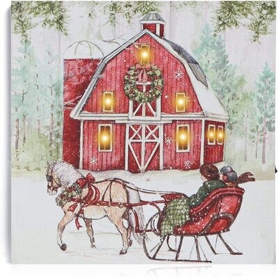 12 INCH x 12 INCH LIGHTED CANVAS WALL ART - BARN and SLEIGH
