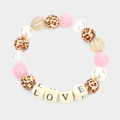 MESSAGE ACCENTED PEARL LEOPARD PATTERNED BEADED STRETCH BRACELET - PINK