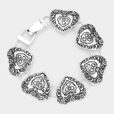 Antique Metal Heart Charm Link Bracelet - Silvertone