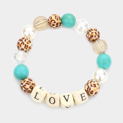 MESSAGE ACCENTED PEARL LEOPARD PATTERNED BEADED STRETCH BRACELET - TURQUOISE