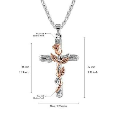 SILVER PLATED CROSS NECKLACE with ROSE GOLD ROSE