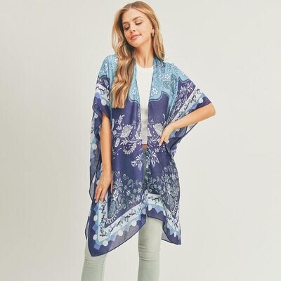 FLORAL PATTERNED COVER UP KIMONO- Navy