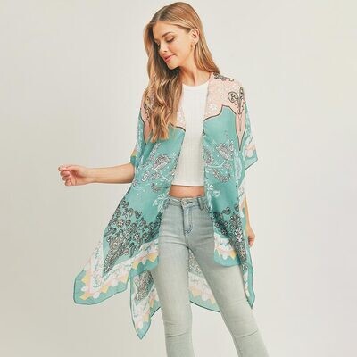 FLORAL PATTERNED COVER UP KIMONO - TURQUOISE