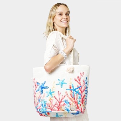 STARFISH CORAL PATTERNED BEACH TOTE BAG