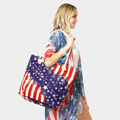 AMERICAN USA FLAG PRINT BEACH TOTE BAG