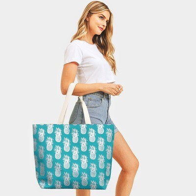 METALLIC PINEAPPLE PATTERNED BEACH TOTE BAG - TURQUOISE