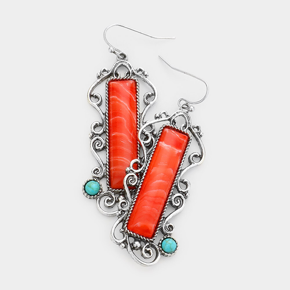 NATURAL STONE RECTANGLE DANGLE EARRINGS - CORAL