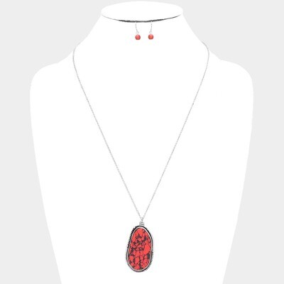 ABSTRACT NATURAL STONE PENDANT NECKLACE/EARRINGS SET - RED