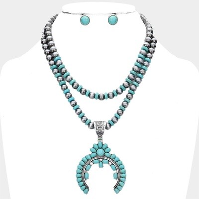 TURQUOISE EMBELLISHED DOUBLE HORN PENDANT NECKLACE/EARRINGS SET