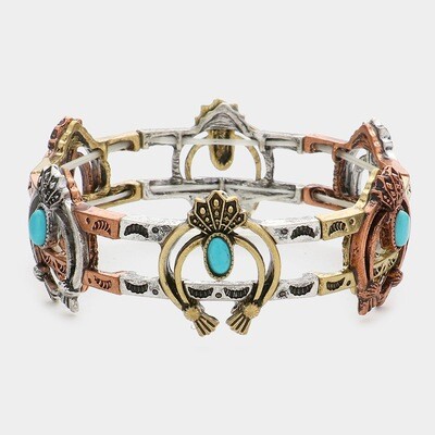 TURQUOISE TRIBAL METAL DOUBLE HORN STRETCH BRACELET