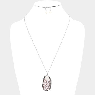 ABSTRACT NATURAL STONE PENDANT NECKLACE/EARRINGS SET - WHITE