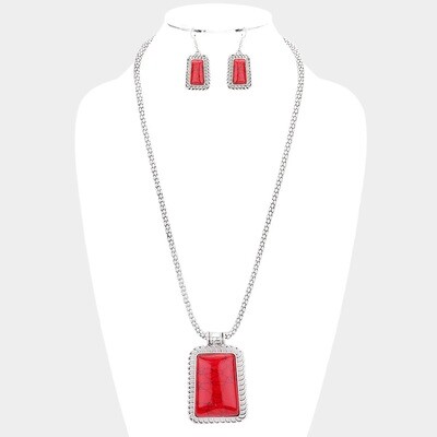 NATURAL STONE TRAPEZOID PENDANT NECKLACE/EARRING SET - RED