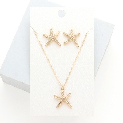PEARL EMBELLISHED STARFISH PENDANT NECKLACE/EARRINGS SET - GOLD