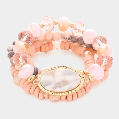 Semi Precious Wood Ball Faceted Beaded Stretch Bracelets - PINK 4 Piece Set