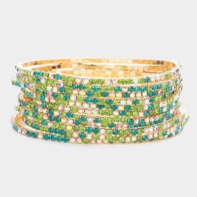 Colorful Rhinestone Layered Stretch Bracelets - GREEN 11 PIECES