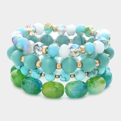 ​Semi Precious Wood Faceted Beaded Stretch Bracelets - TURQUPISE 4 PIECES