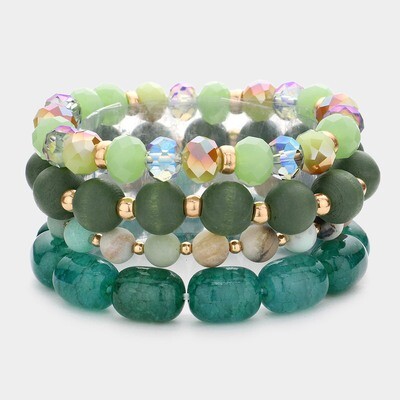 Semi Precious Wood Faceted Beaded Stretch Bracelets- GREEN 4 PIECES