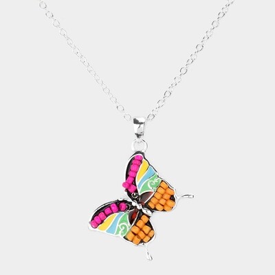 Seed Bead Embellished Butterfly Pendant Necklace