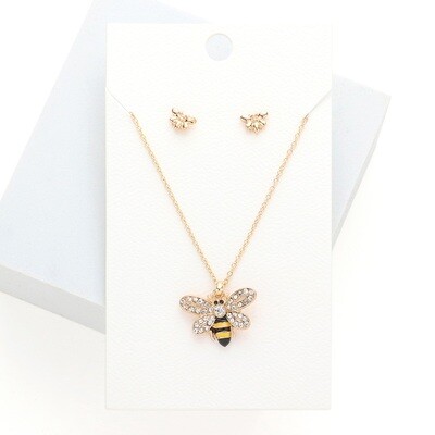 Rhinestone Embellished Enamel Honey Bee Pendant Necklace & Earrings Set - Gold