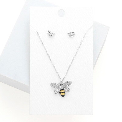 Rhinestone Embellished Enamel Honey Bee Pendant Necklace & Earrings Set - SILVER