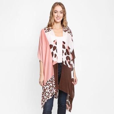 Leopard Patterned Cover Up Kimono Poncho - BROWN