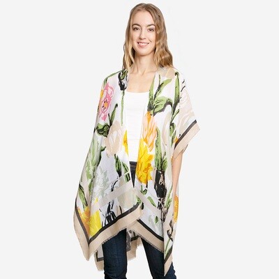 Floral Patterned Cover Up Kimono Poncho - BEIGE