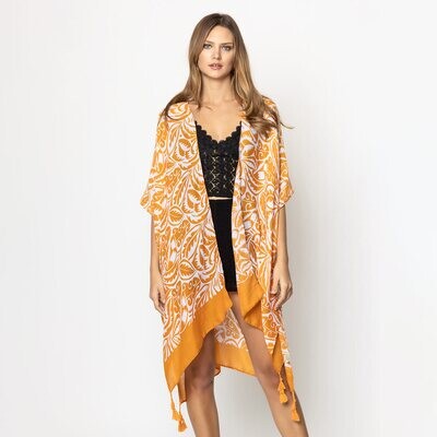 Floral Paisley Patterned Cover Up Kimono Poncho - Mustard
