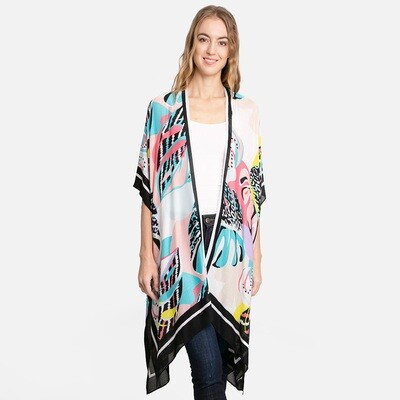 Tropical Patterned Cover Up Kimono Poncho - BLUE