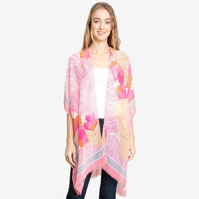 Wavy Floral Patterned Cover Up Kimono Poncho - PINK