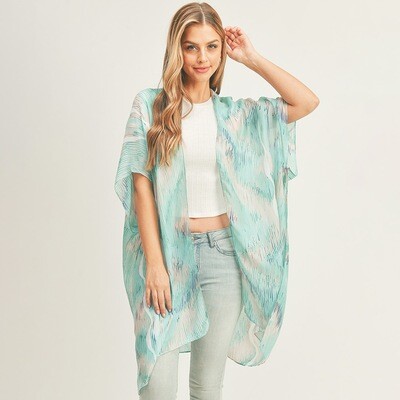 Abstract Patterned Cover Up Kimono Poncho - TURQUOISE