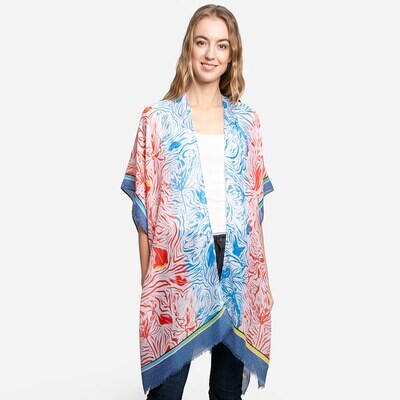 Abstract Patterned Cover Up Kimono Poncho - BLUE