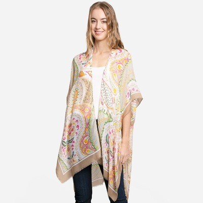 Paisley Patterned Cover Up Kimono Poncho - BEIGE